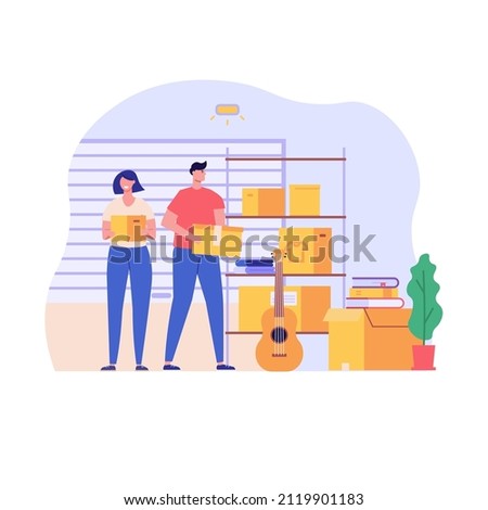 Family keeping personal items in rental self-storage unit. Man and woman holding boxes. Concept of self storage unit, small mini warehouse, rental garage. Vector illustration in flat design