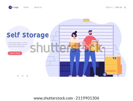 Family keeping personal items in rental self-storage unit. Man and woman holding boxes. Concept of self storage unit, small mini warehouse, rental garage. Vector illustration in flat design