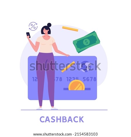 Woman standing next to bank card. Concept of cashback service, discount and loyalty card, customer service, online shopping, earn point. Vector illustration in flat design