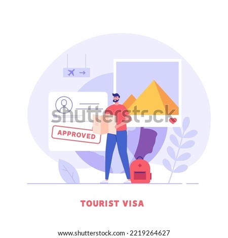 Concept of tourist visa, travel, approved visa, tourist guide. Young man tourist with guide map visits world attractions and landmarks. Traveling abroad with foreign passport. Vector illustration