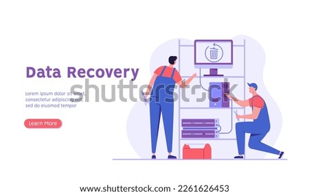 Man in uniform repairing HDD. Restoration process. Data recovery, data storage backup, hardware disk repair service. Vector illustration in flat cartoon design