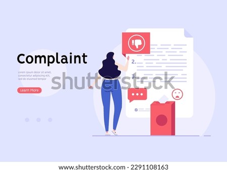 User filling complaint form. Client giving negative feedback at rating scale. Concept of bad review, negative feedback, complaint, dislike. Bad user experience. Vector illustration flat design