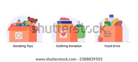 Volunteer group collecting donations. Charity organization donating clothes, food and toys for poor people. Concept of clothing donations, volunteer help, donate food, toys. Vector flat illustration