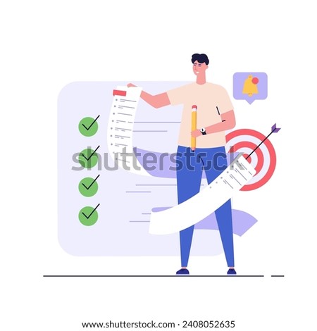 Concept of task done, checklist, to-do list, notification. People marking completed task on checklist. Successful time management. Vector illustration in flat cartoon design for web banner, UI