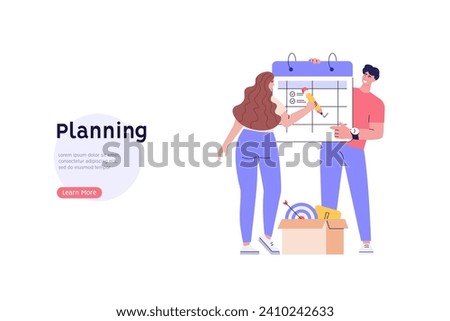 Woman and man planning daily business schedule. Planning calendar, time management, task list. Group calendar sharing for family and work. Couple organizing event. Vector flat design for web banner