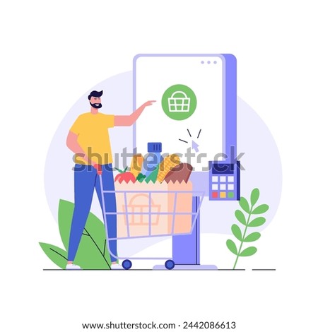 Customer use self-service checkout. Man with shopping cart buying with automated self-checkout terminal. Concept of contactless payment, cashless paying, checkout self service. Vector illustration