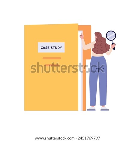 Woman studying information, facts. Concept of case study, searching business information, analyze of product features. Vector illustration in flat design for web banner