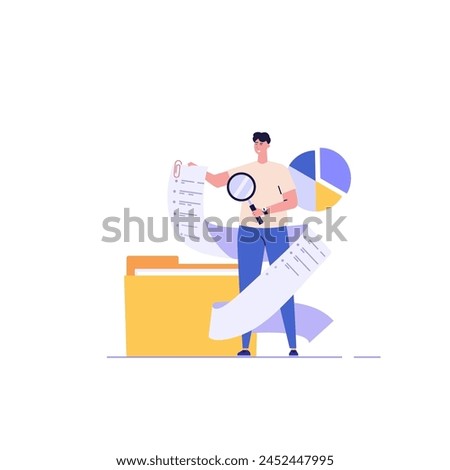 Man studying information, facts. Concept of case study, searching business information, analyze of product features. Vector illustration in flat design for web banner