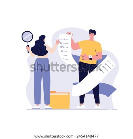 People studying information, facts. Concept of case study, searching business information, analyze of product features. Vector illustration in flat design for web banner