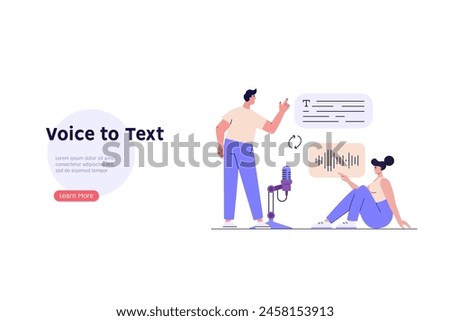 Concept of voice recognition, speech scanning, voice to text, speech recognition service. User recognizing voice and translating to text with speaker. Vector illustration in flat cartoon design