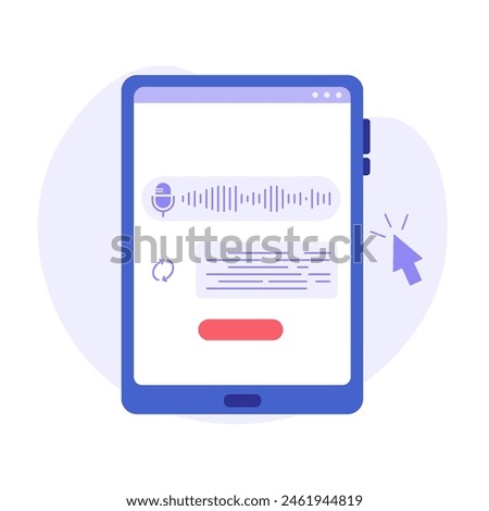 Concept of voice recognition, speech scanning, voice to text, speech recognition service. User recognizing voice and translating to text with speaker. Vector illustration in flat cartoon design