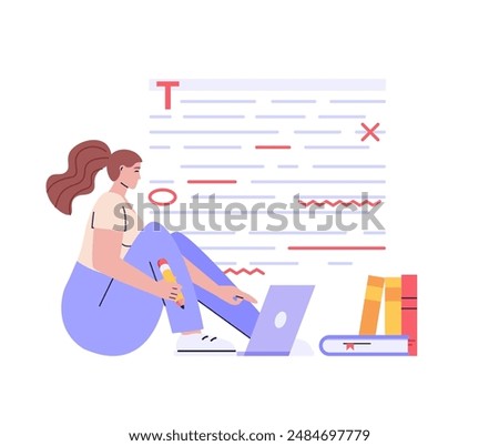 Editing document with text. Correcting grammar mistake with red marker. Teacher fix page text errors. Concept of proofread script, grammar edit, correcting mistake. Vector flat cartoon illustration