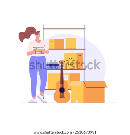 Woman keeping personal items in rental self-storage unit. Rent mini garage. Concept of self storage unit, small mini warehouse, rental garage. Vector illustration in flat design for web banner