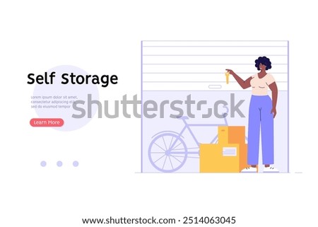 Woman keeping personal items in rental self-storage unit. Rent mini garage. Concept of self storage unit, small mini warehouse, rental garage. Vector illustration in flat design for web banner