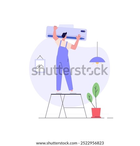 Engineer repairing air conditioner. Call master fixing air conditioning system. Technicians check the split system. Concept of air conditioning service, AC master, AC cleaning. Vector illustration