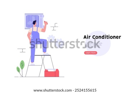 Engineer repairing air conditioner. Call master fixing air conditioning system. Technicians check the split system. Concept of air conditioning service, AC master, AC cleaning. Vector illustration