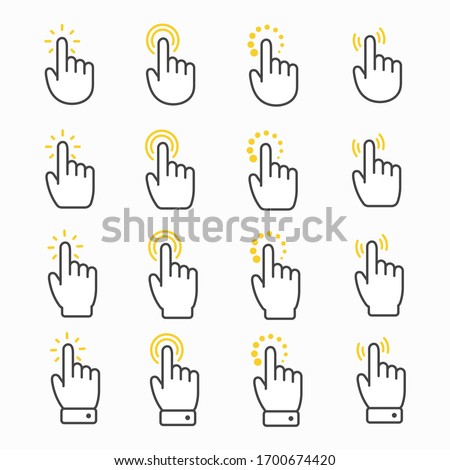 Hand shaped mouse cursor set Pointing and clicking. Touch screen concept