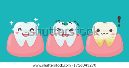 Cartoon teeth and gums inside the mouth are happy with the problem of tooth decay. There are plaque on the teeth. ストックフォト © 