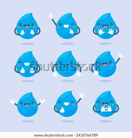 Cute water drop cartoon characters in various poses Providing knowledge to reduce water use