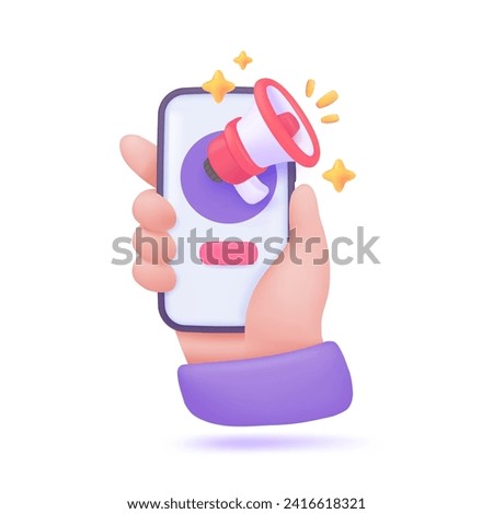 3D megaphone flying from a mobile phone. online marketing ideas Advertisements to promote sales. 3D Vector Illustration.