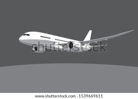 Boeing 787 Dreamliner. Flying airplane, takeoff airliner, commercial jet aircraft, airliner. Vector illustration. Vector template.