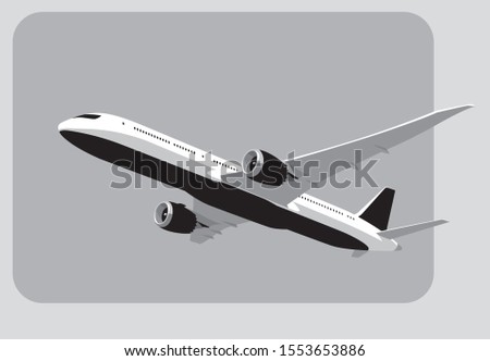 Boeing 787 Dreamliner. Flying airplane, takeoff airliner, commercial jet aircraft, airliner. Vector illustration. Vector template.