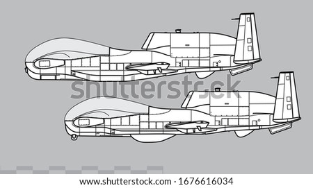 Northrop Grumman RQ-4B Global Hawk, MQ-4C Triton. Vector drawing of strategic reconnaissance drone. Side view. Image for illustration and infographics.