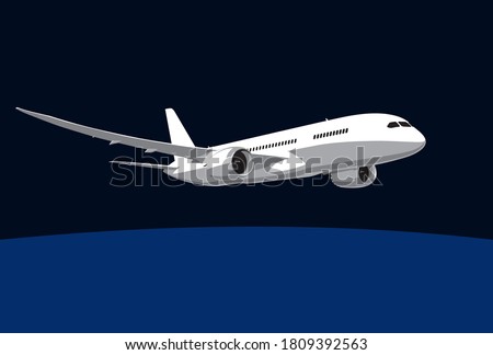 Boeing 787 Dreamliner. Night flight. Modern jet airplane in the night sky. Vector image for illustration.