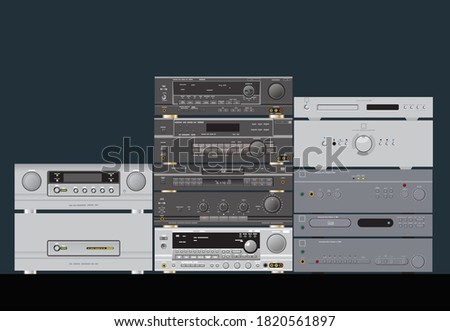 Sound shop. HiFi stereo audio components. Amplifier, receiver, CD-player, sound processor. Vector image for illustrations.