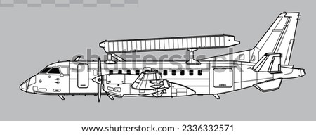 ASC 890. Saab 340 AEWC. Vector drawing of airborne early warning and control aircraft. Side view. Image for illustration and infographics.