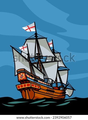Towards adventure. A sailing ship is heading for unknown horizons. Vector image for prints, poster or illustrations.