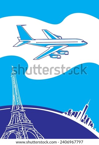 Transatlantic flight from Paris to New York on an airliner. Poster template.