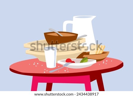 After a delicious lunch. A pile of dirty plates and leftovers on the table. Vector image for prints, poster and illustrations.