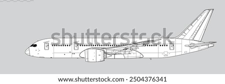 Boeing 787-8 Dreamliner. Vector drawing of passenger jet airliner. Side view. Image for illustration and infographics.