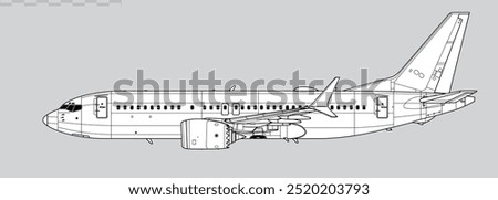 Boeing 737 MAX 7. Vector drawing of narrow-body passenger jet airliner. Side view. Image for illustration and infographics.