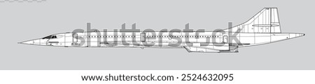 BAC Sud Aviation Concorde. Vector drawing of supersonic airliner. Side view. Image for illustration and infographics.