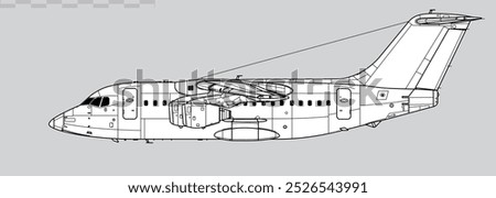 BAe 146-100. Avro RJ70. Vector drawing of regional airliner. Side view. Image for illustration and infographics.