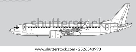 Boeing 737 MAX-8. Vector drawing of narrow-body airliner. Side view. Image for illustration and infographics.