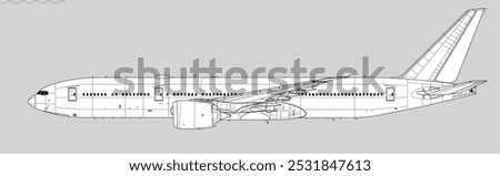 Boeing 777-8. Vector drawing of wide body jet airliner. Side view. Image for illustration and infographics.