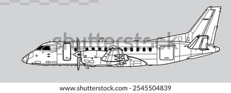 Saab 340B. Vector drawing of turboprop regional airliner. Side view. Image for illustration and infographics.