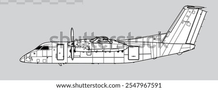 De Havilland Canada Dash 8-200, DHC-8-200. Vector drawing of turboprop regional airliner. Side view. Image for illustration and infographics.