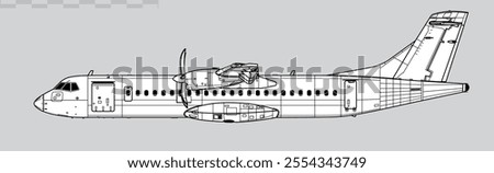 ATR 72-500. Vector drawing of turboprop short-haul regional airliner. Side view. Image for illustration and infographics.