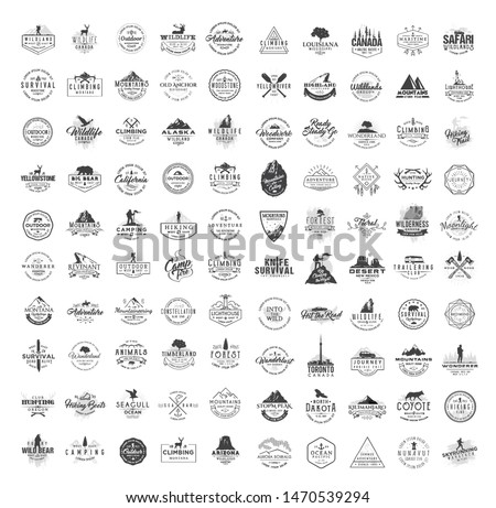 Big set of 100 premium labels on the themes of wildlife, nature, hunting, travel, wild nature, climbing, camping, life in the mountains, survival. Retro, vintage, casual design. Black collection.