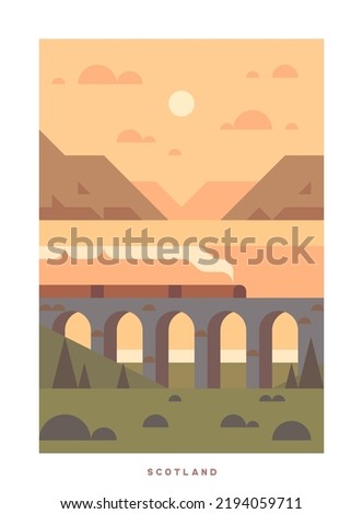 Minimalistic Vector Travel Poster. Travel around the UK. Roadtrip. Nature of England. Trendy colorful style. Scotland. Glenfinnan Viaduct. West Highland Line. Сток-фото © 