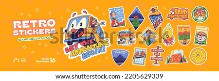 Outdoors Vector Retro Stickers Pack, Pins, Stamps, Patches. Retro Hand drawn illustration concept. Trendy Cartoon style of 50s 60s 70s. Adventure, Hiking, Camping, Summertime themes. 