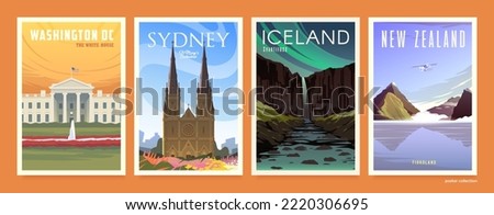 Vector travel posters set. Washington DC. White house. Sydney. St. Mary’s Cathedral. National park Skaftafell. Waterfall Svartifoss. Fiordland. New Zealand.