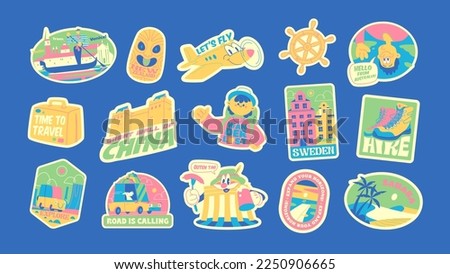 Perfect Travel Vector Retro Stickers Pack, Pins, Stamps, Patches. Retro Hand drawn illustration concept. Trendy Cartoon style of 30s. Famous monuments, landmarks and  sightseeings. #4