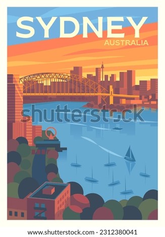 Vector premium travel poster. A beautiful evening view of Sidney Bay. Yachts, ships, Luna Park, Harbour Bridge. Port Jackson. Australia.