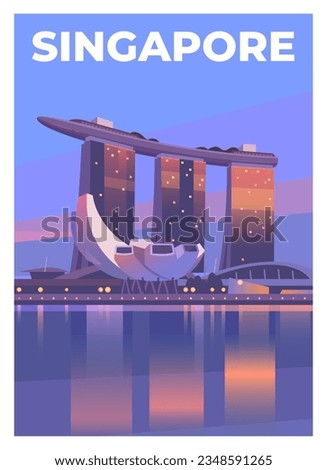 Vector premium travel poster.  A view of beautiful Singapore at night. Marina Bay Sand and ArtScience Museum. Modern architecture and skyscrapers. Singapore.
