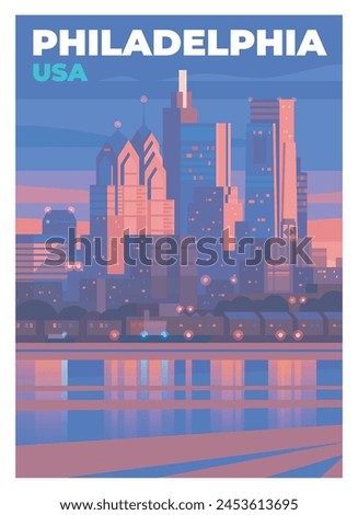 Vector premium travel poster. A nighttime view of downtown Philadelphia across the Delaware River. Huge modern buildings and skyscrapers.